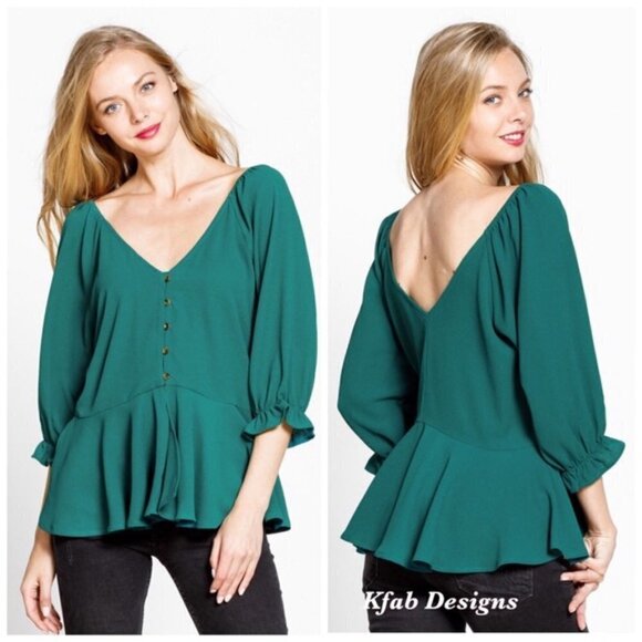 Teal Green Puff Sleeve V-Neck Button Peplum - Picture 3 of 3